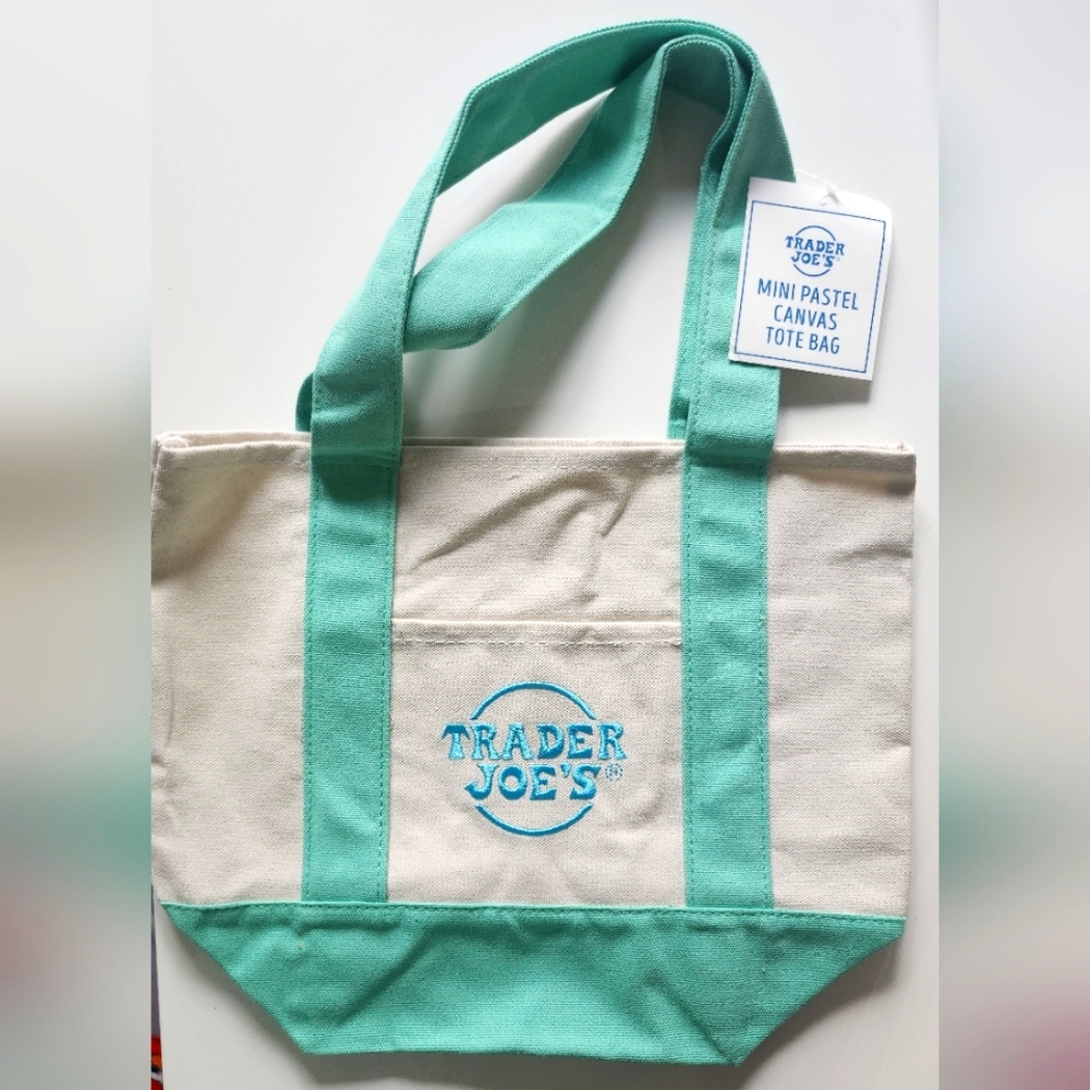 Trader Joe's pastel green/ light green small canvas tote bag